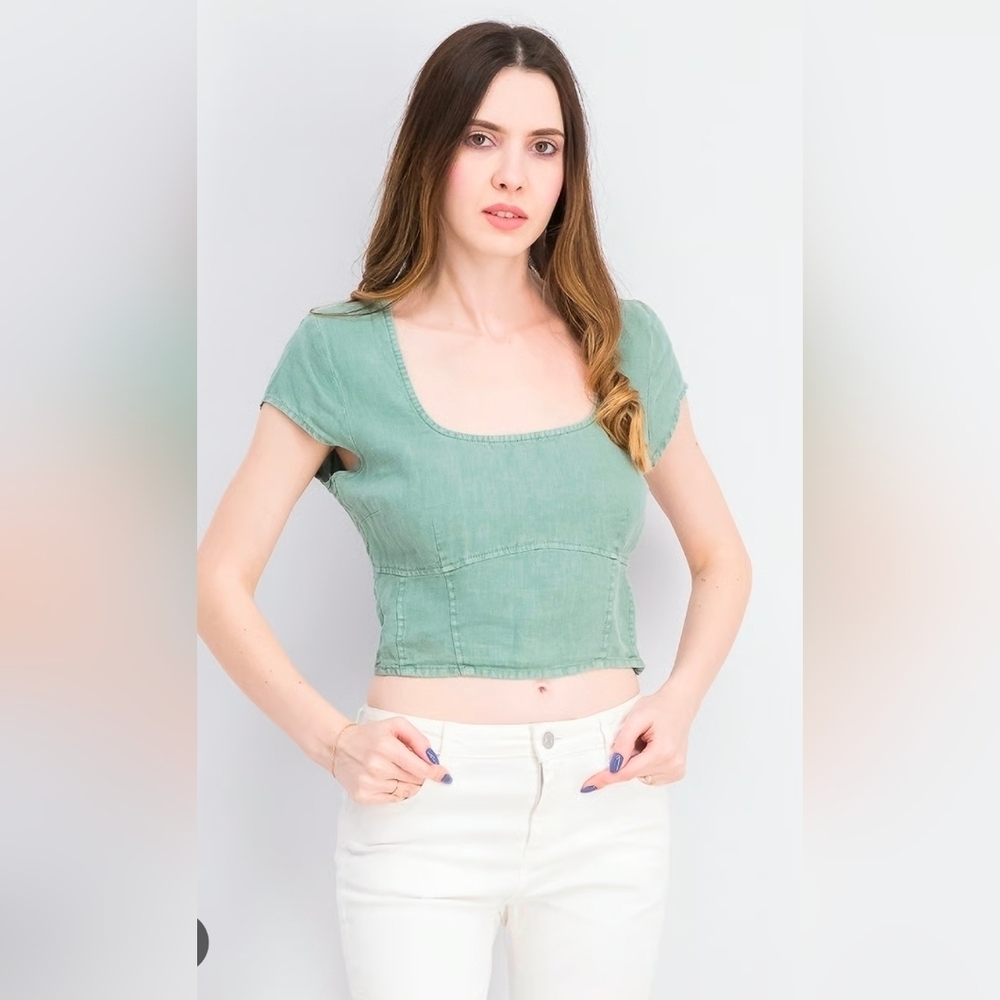 Guess Women’s Square Neck Linen Green Crop Top M